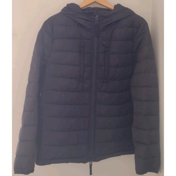 Universal Standard Hooded Puffer Jacket Size 10-12 Black Ribbed Winter Midweight - Picture 1 of 9